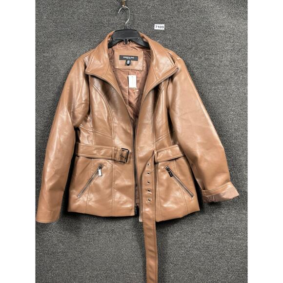 Kenneth Cole Jacket Womens Small Brown Faux Leather Belted Moto Zip Pockets - Picture 1 of 7